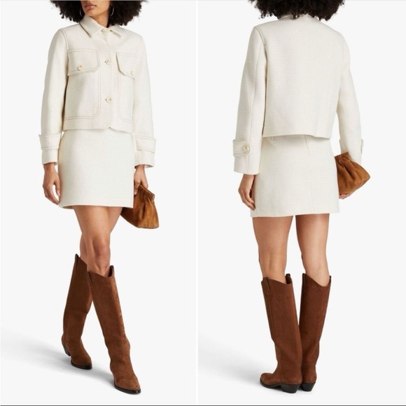 Sandro Paris Cropped Jacket Cream Textured Wool Blend Button Front Size 34 XS - Picture 3 of 10